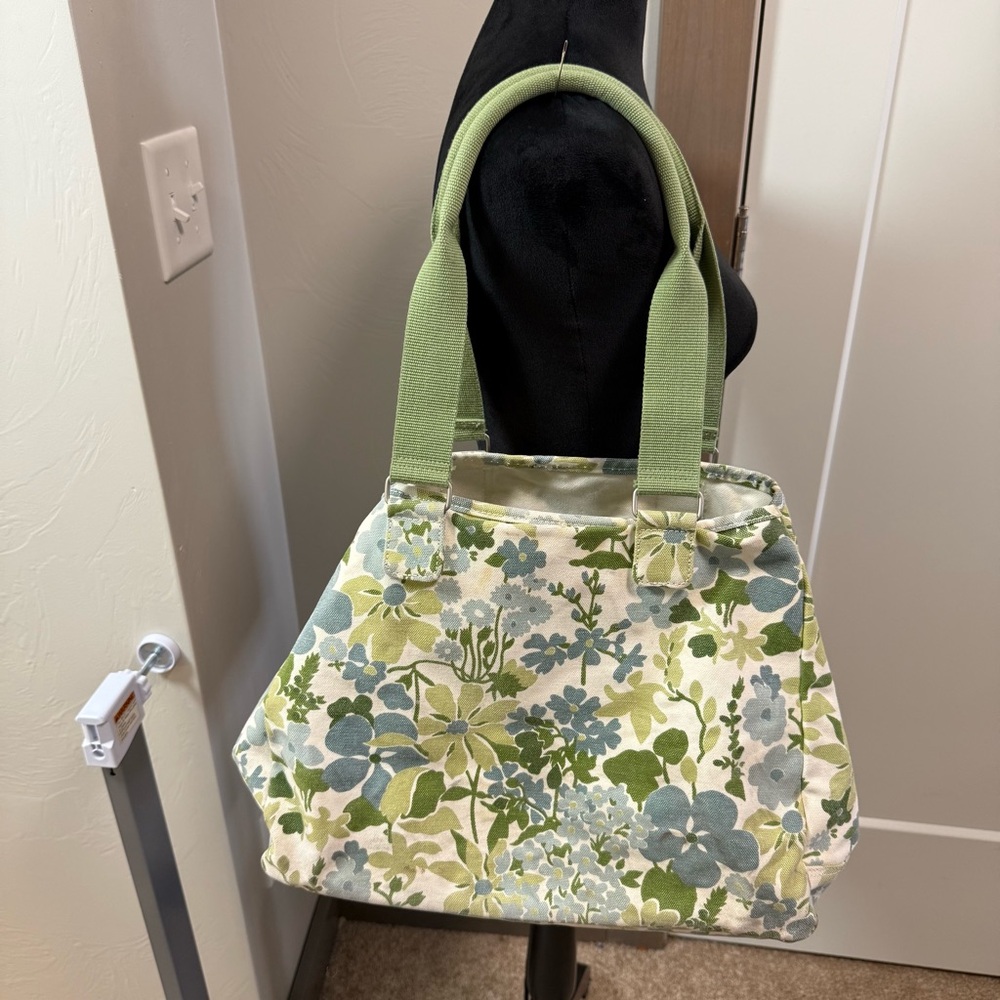Vintage Eddie Bauer Large Canvas Tote Bag Green‎ Blue Floral Pastel Adjustable